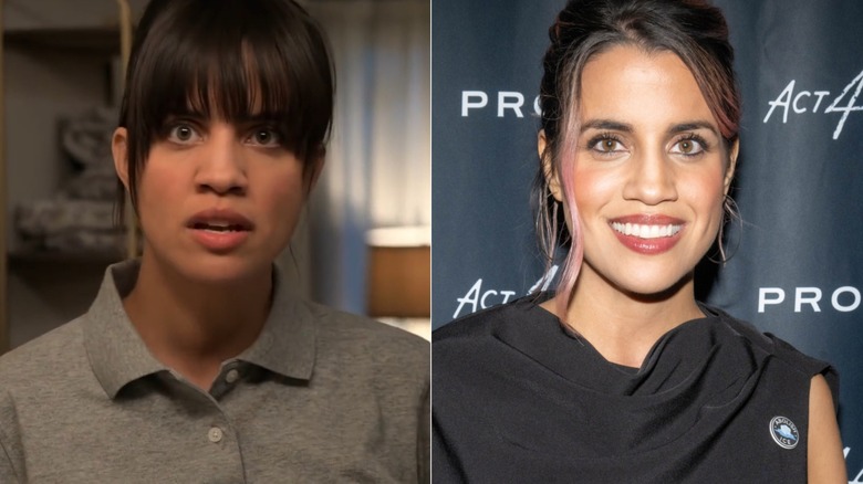 Split image of Natalie Morales in Santa Clarita Diet , left, and at a 2026 red carpet event, right