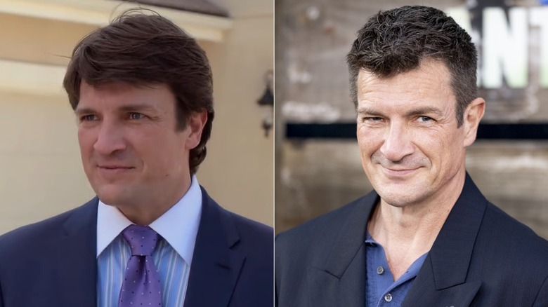 Split image of Nathan Fillion on Santa Clarita Diet, left, and at the 2026 premiere of HBO's Lanterns, right