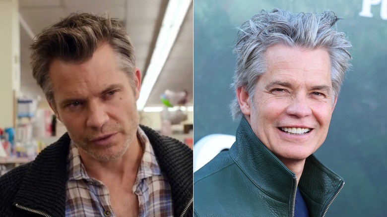Split image of Timothy Olyphant in Santa Clarita Diet, left, and at the 2026 premiere of an HBO series, right