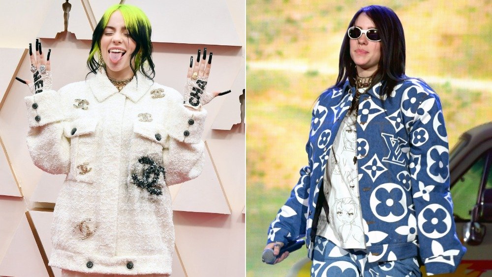 Split image of Billie Eilish in white and blue punk-inspired suits