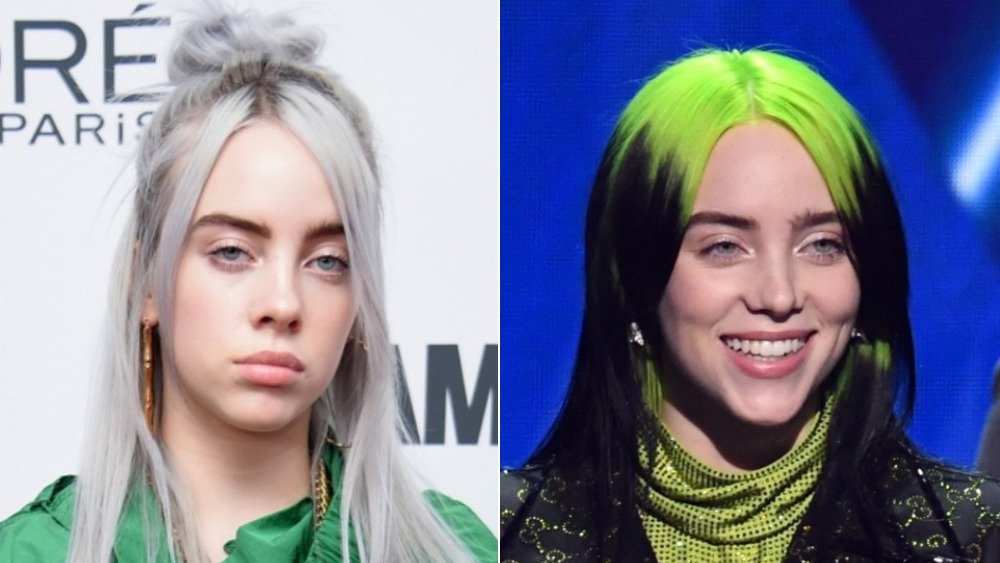 Split image of Billie Eilish with lavender-grey hair and black hair with neon green roots