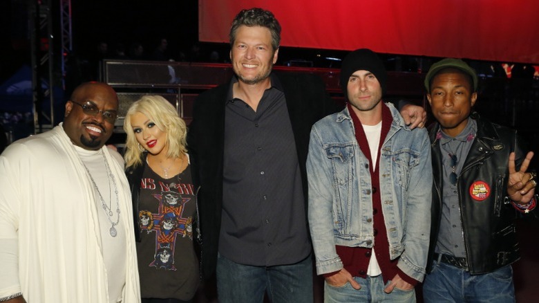 "The Voice" judges Cee Lo Green, Christina Aguilera, Blake Shelton, Adam Levine, and Pharrell Williams pose together