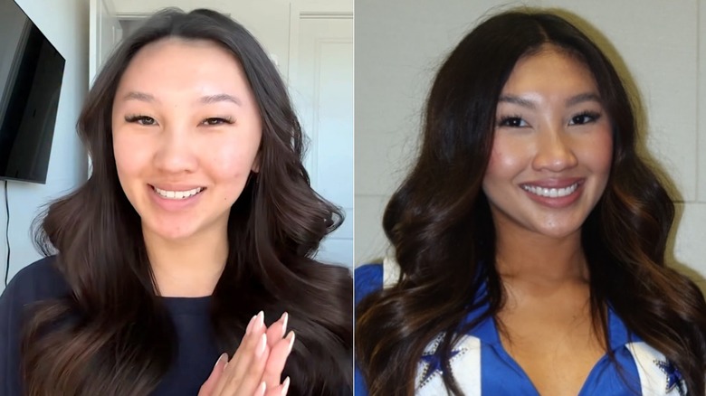 Split image of Allison Khong sharing skincare routine, wearing her Dallas Cowboys Cheerleader makeup.