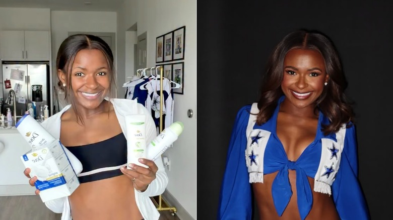 Split image of Ariel Brumfield grinning and posing with Dove products, wearing her Dallas Cowboy Cheerleaders uniform.