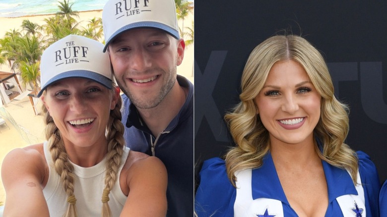 Split image of Kennedy Ruff smiling with her husband with the ocean behind them, wearing her Dallas Cowboy Cheerleaders uniform and makeup.