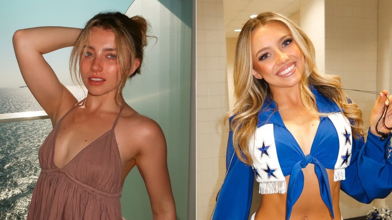 Split image of Kleine Powell posing on a cruise ship, wearing her Dallas Cowboys Cheerleader uniform.