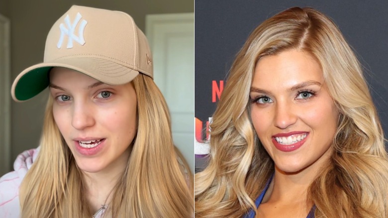 Split image of Madeline Salter wearing a baseball cap with no makeup, with makeup.