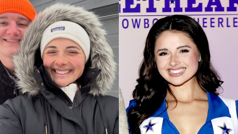 Split image of Reece Weaver smiling in cold weather with her husband, wearing her Dallas Cowboys Cheerleader makeup.