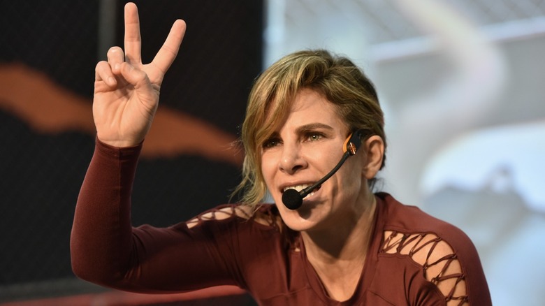 Jillian Michaels wearing a microphone headset