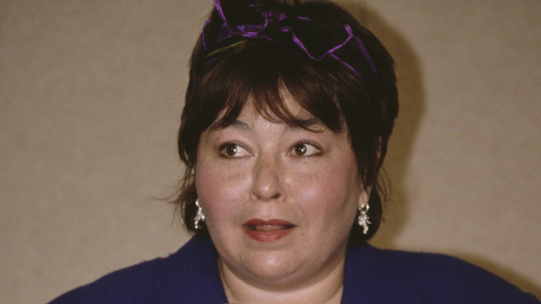 Roseanne Barr speaking at a press event
