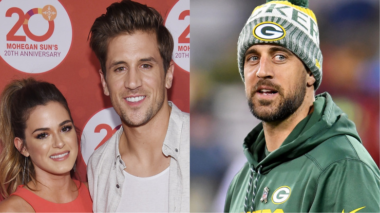 JoJo Fletcher with Jordan Rodgers, Aaron Rodgers wearing hat
