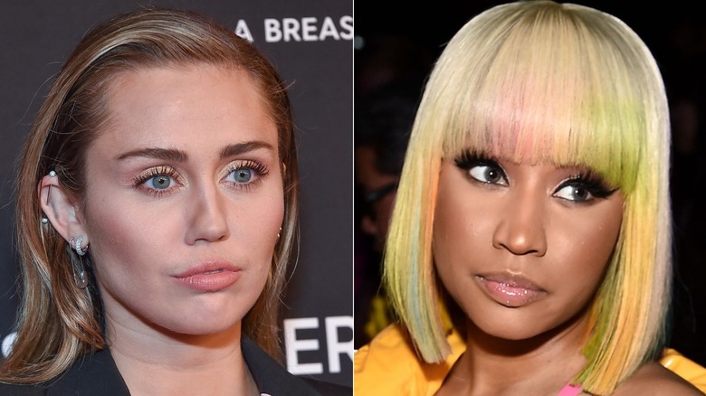 Miley Cyrus posing and Nicki Minaj posing 