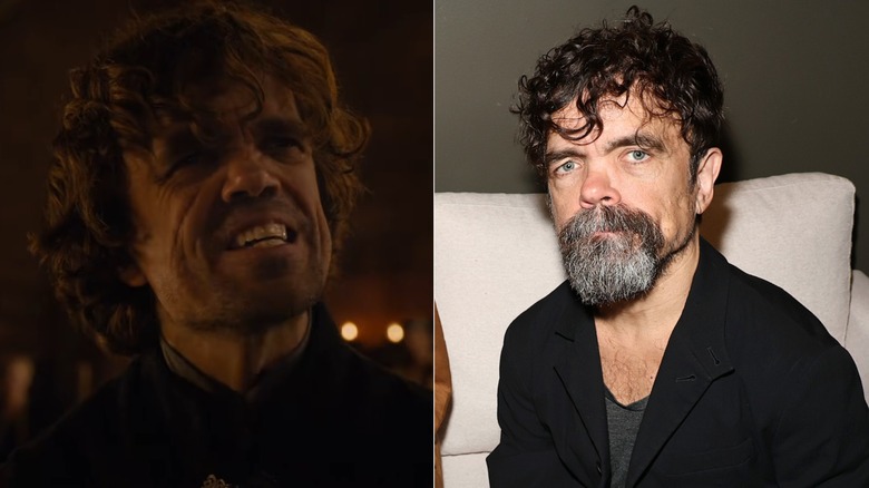 Peter Dinklage as Tyrion Lannister in Game of Thrones; Peter Dinklage with a grey beard wearing a black blazer and grey shirt
