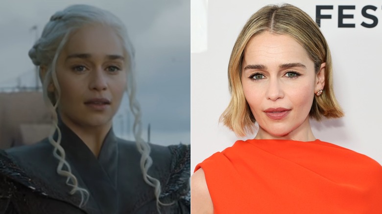 Emilia Clarke as Daenerys Targaryen in Game of Thrones; Emilia Clarke in an orange high collared dress