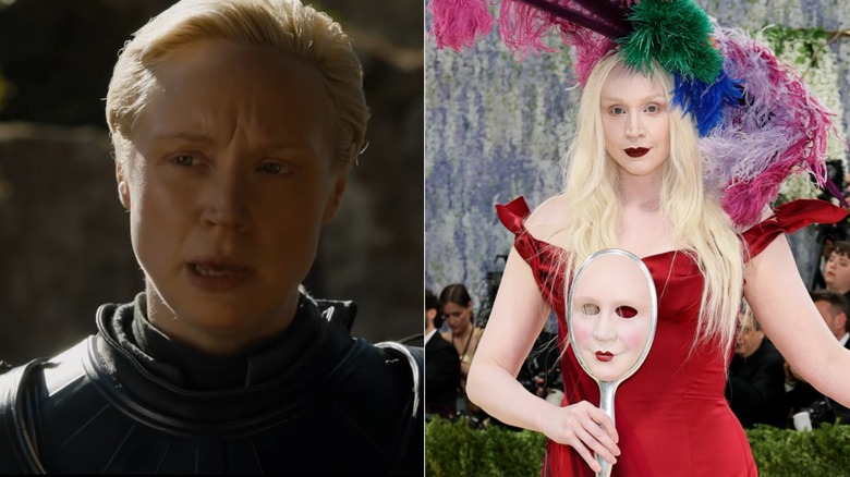 Gwendoline Christie as Brienne of Tarth in Game of Thrones; Gwendoline Christie in a red gown with a bright feathered headpiece and mirror accessory