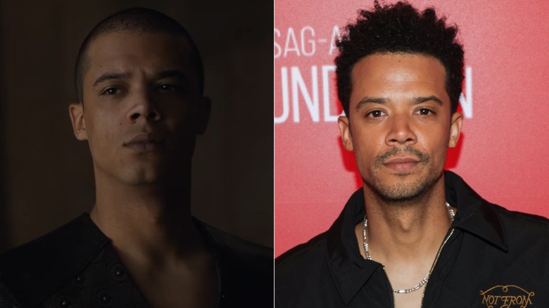 Jacob Anderson as Grey Worm in Game of Thrones; Jacob Anderson in a black monogrammed jacket and silver chain necklace