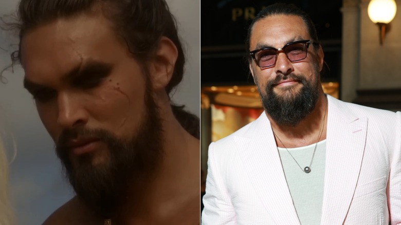 Jason Momoa as Khal Drogo in Game of Thrones; Jason Momoa in a white blazer and mint green shirt with glasses