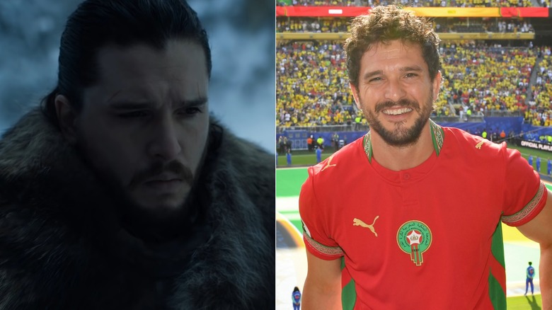 Kit Harington as Jon Snow in Game of Thrones; Kit Harington smiling at a football match