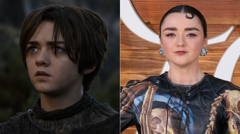 Maisie Williams as Arya Stark in Game of Thrones; Maisie Williams in a patterned gown and stud earrings with slicked back hair
