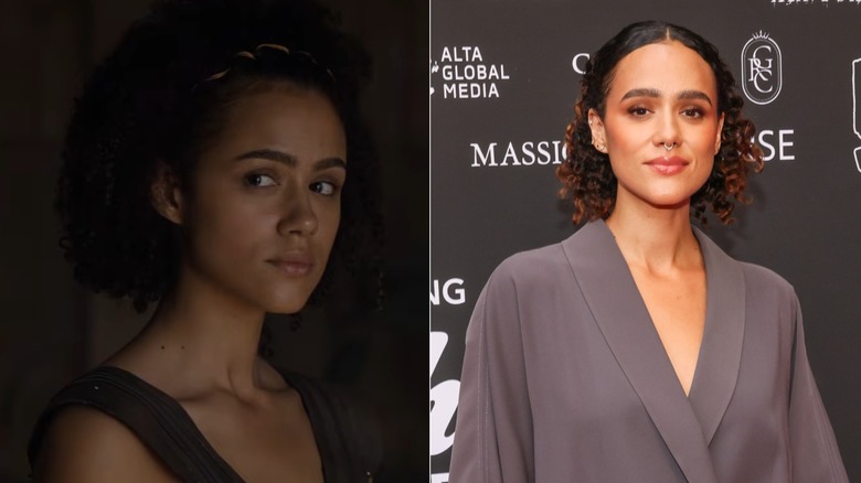 Nathalie Emmanuel as Missandei in Game of Thrones; Nathalie Emmanuel in a grey blouse with a nose piercing