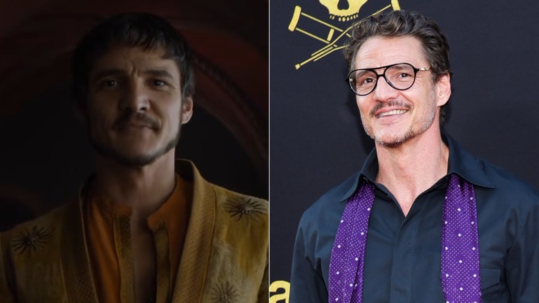 Pedro Pascal as Oberyn Martell in Game of Thrones; Pedro Pascal wearing a blue button down shirt and purple scarf