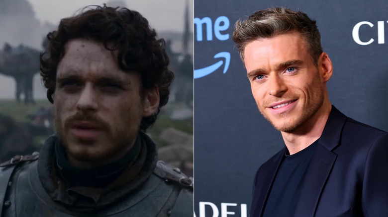 Richard Madden as Robb Stark in Game of Thrones; Richard Madden in a dark blue jacket and shirt