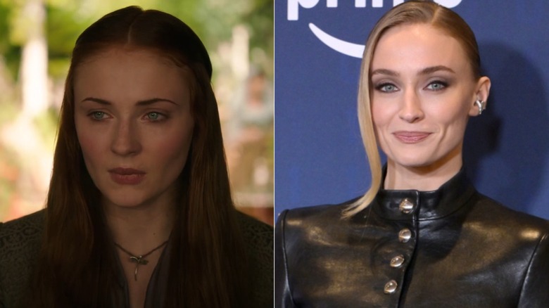 Sophie Turner as Sansa Stark in Game of Thrones; Sophie Turner in a black leather button up jacket and slicked blonde hairdo