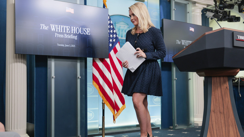 Karoline Leavitt departing a press briefing