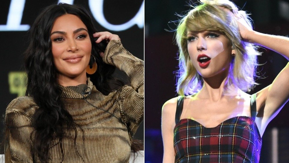 Kim Kardashian and Taylor Swift striking a similar pose