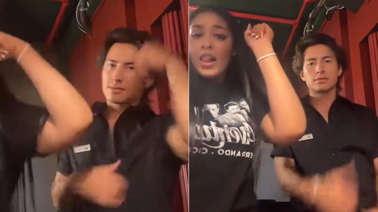Hudson Williams in a TikTok video while working as a waiter at a restaurant