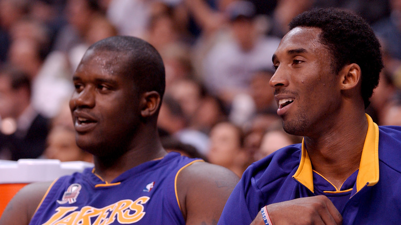 Shaquille O'Neal and Kobe Bryant appear at a 2002 Lakers game