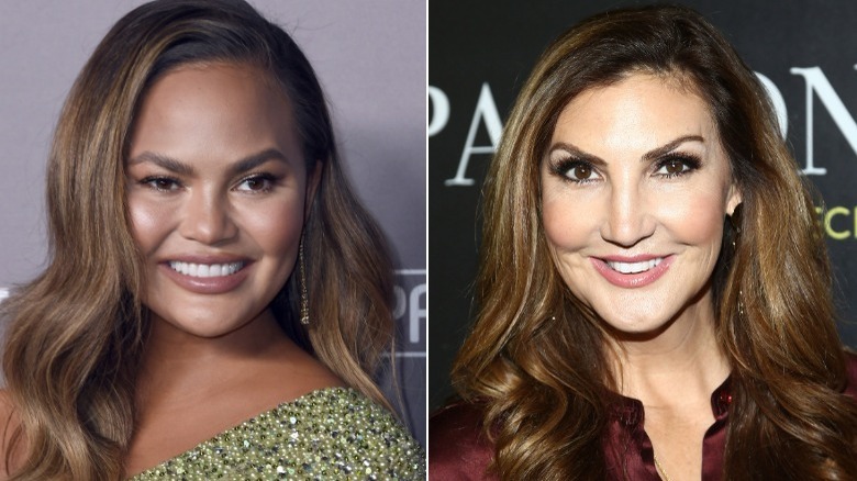 Chrissy Teigen smiling and Heather McDonald posing 