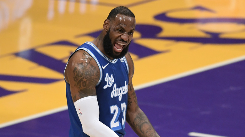 LeBron James arguing a foul on court