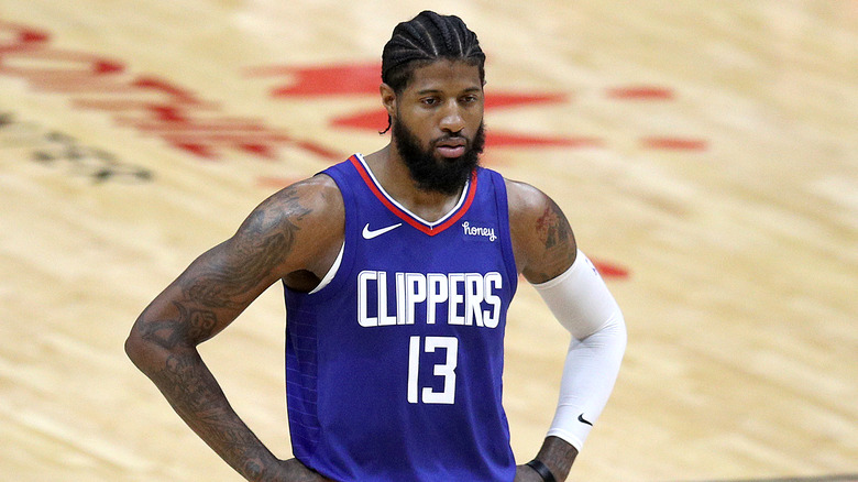 Paul George during a timeout on court