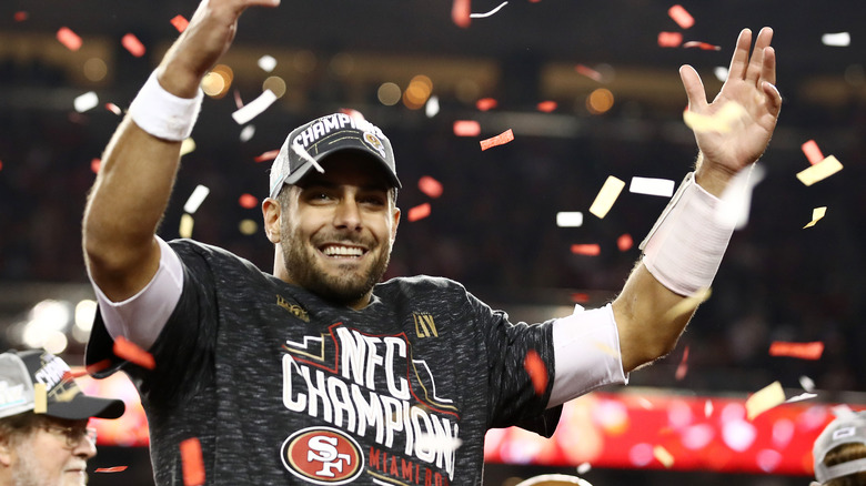 Jimmy Garoppolo celebrating the NFC Championship win