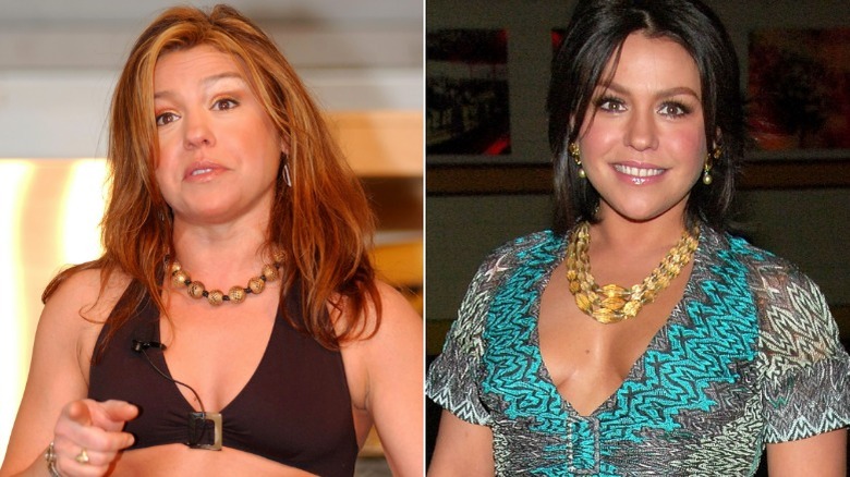 Split image of Rachael Ray wearing a bikini top and patterned dress