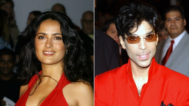 Split image of Salma Hayek and Prince in the 2000s
