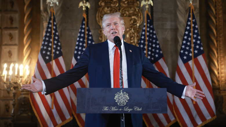 Donald Trump speaking during a press conference at his Mar-a-Lago estate