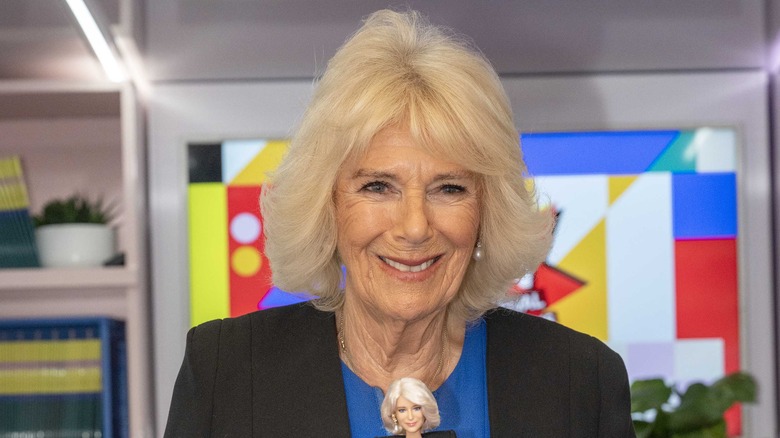 Queen Camilla blue dress black jacket