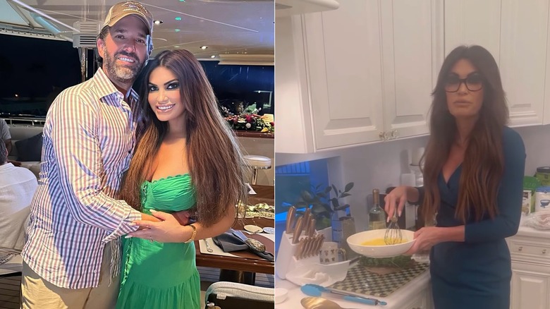 Split image of Kimberly Guilfoyle hugging Donald Trump Jr. in the Bahamas and cooking with her hair down