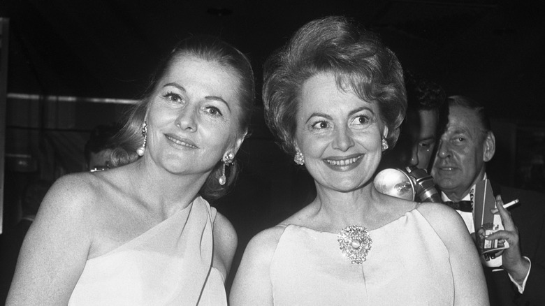 Joan Fontaine and Olivia DeHavilland at party celebrating premiere of Marlene Dietrich's one-woman show