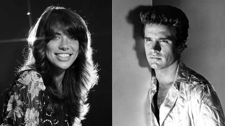Carly Simon and Warren Beatty in a black-and-white split photo