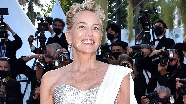 Sharon Stone smiling in front of photographers 