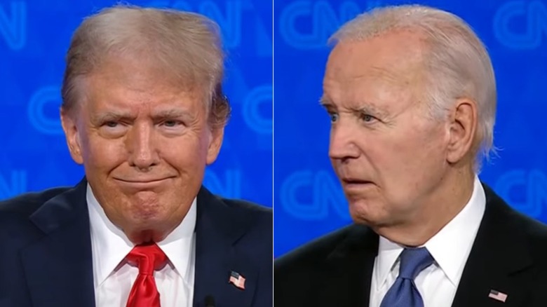 Donald Trump smiling, Joe Biden looking to side