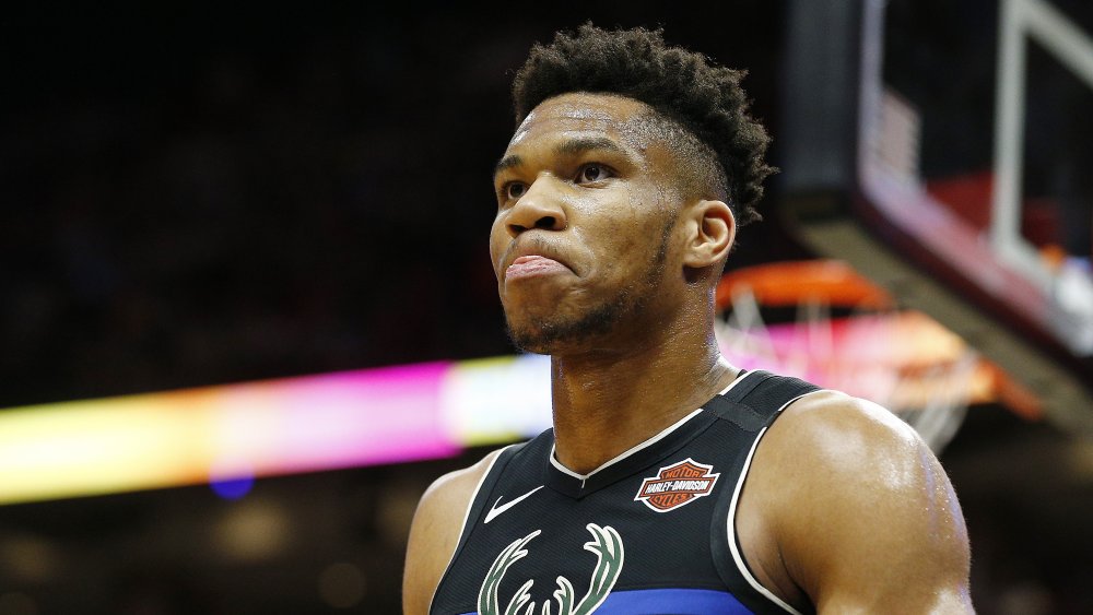 Giannis Antetokounmpo on the basketball court, close up