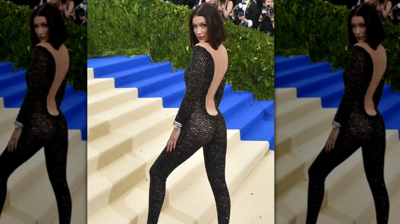 Bella Hadid attending the Met Gala in an Alexander Wang catsuit