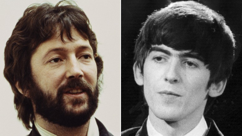 Eric Clapton and George Harrison posing for photos