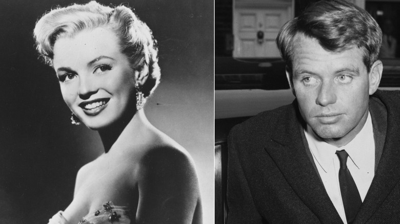 Marilyn Monroe and Bobby Kennedy, separate black and white photos; she is smiling