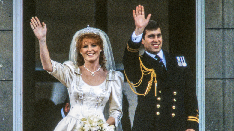 Sarah Ferguson Prince Andrew wedding day, waving