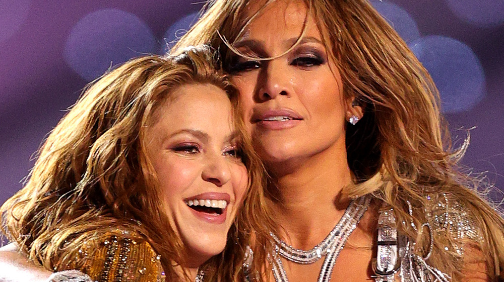 J.Lo hugging Shakira at Super Bowl